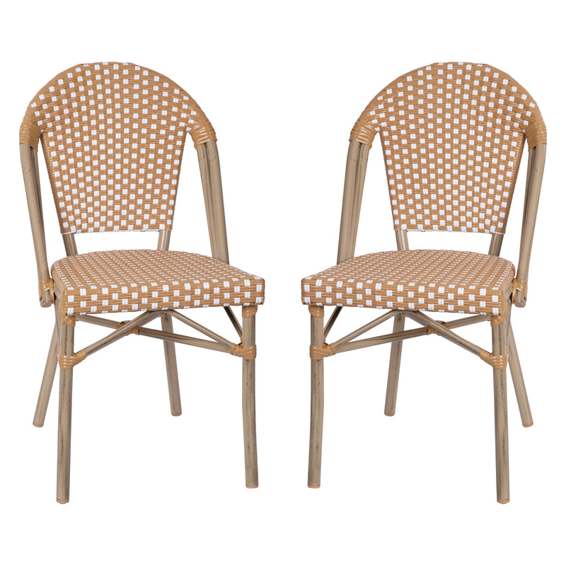 Celia Set of Two Indoor/Outdoor Stacking French Bistro Chairs with Patterned Seats and Backs & Light Bamboo Finished Aluminum Frames