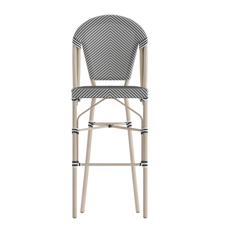 Mael Set of Two Stacking French Bistro Style Bar Stools with Black and White Textilene Seats and Light Bamboo Metal Frames for Indoor/Outdoor Use