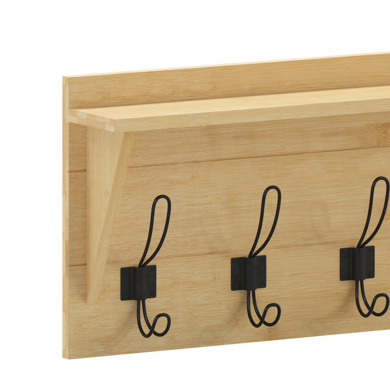 Enid 24 Inch Wall Mount Rustic Brown Pine Wood Storage Rack with 5 Hooks, Entryway, Kitchen, Bathroom