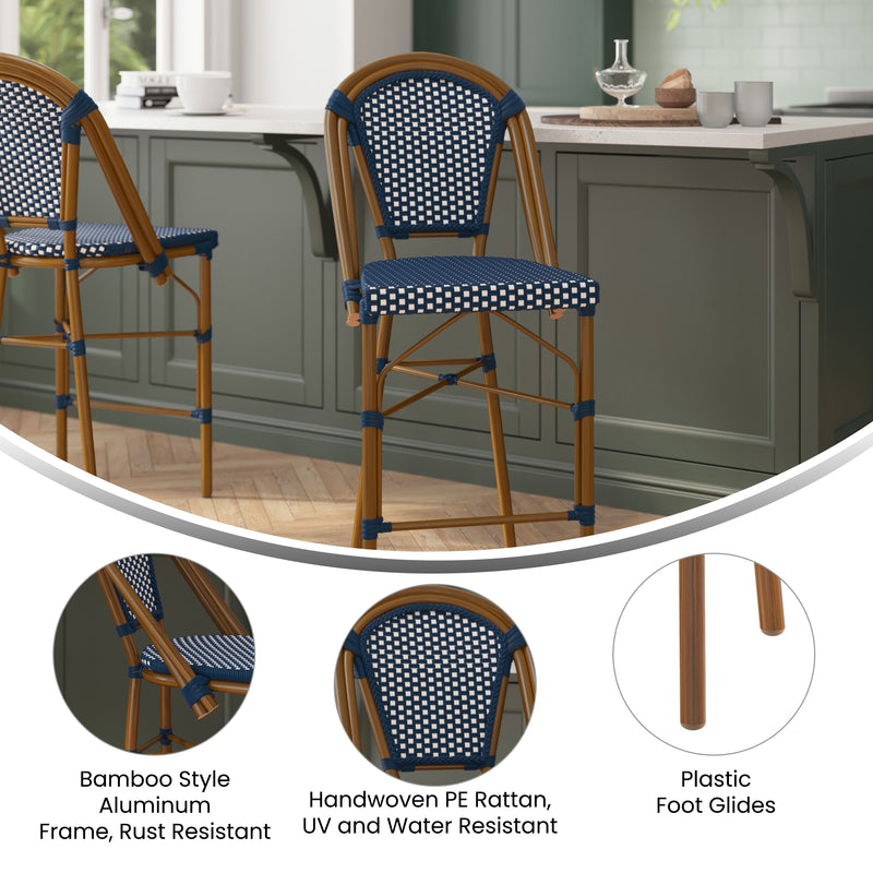 Sacha Set of Two Stacking French Bistro Counter Stools with Navy and White PE Seats and Back and Bamboo Finished Metal Frames for Indoor/Outdoor Use
