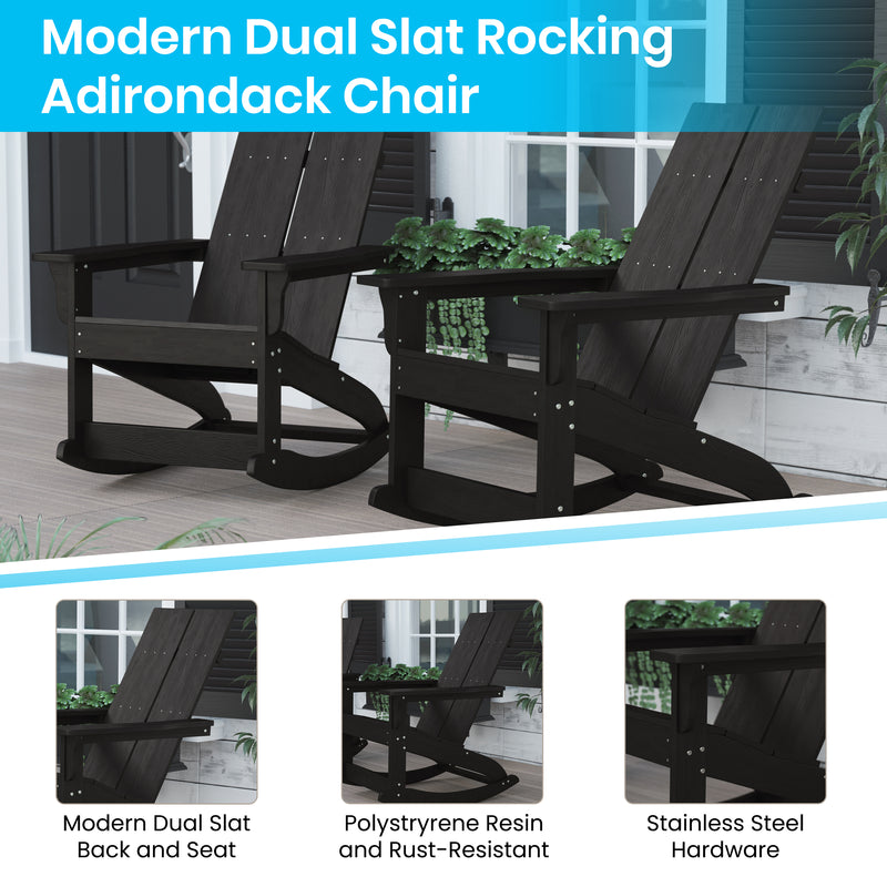 Wellington 3 Piece Patio Furniture Set Includes Black All-Weather UV Treated Adirondack Rocking Chairs and Side Table