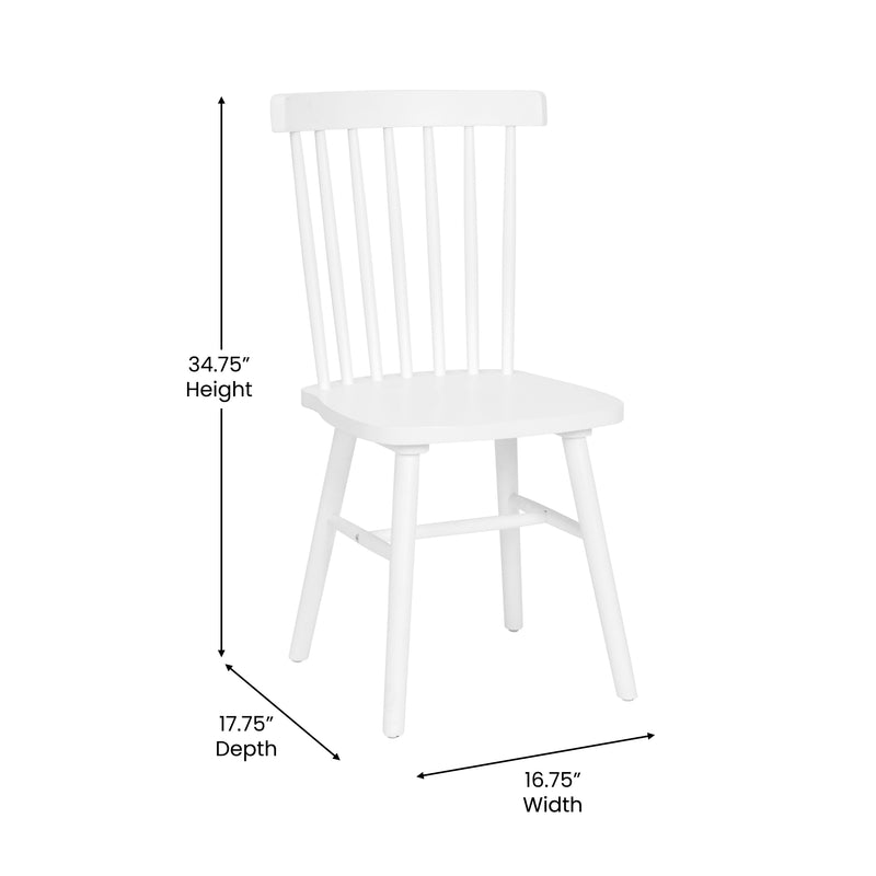 Torrin Set of Two Premium Solid Wood Spindle Back Dining Chairs in White with Saddle Seat and Floor Protectant Felt Pads