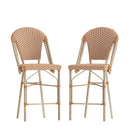 Celia Set of Two Indoor/Outdoor Stacking French Bistro Counter Stools with Patterned Seats and Backs & Light Natural Metal Frames