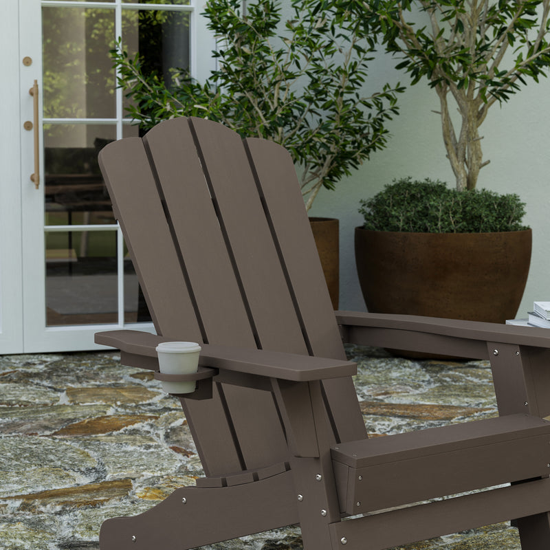 Nassau Adirondack Chair with Cup Holder, Weather Resistant HDPE Adirondack Chair in Brown