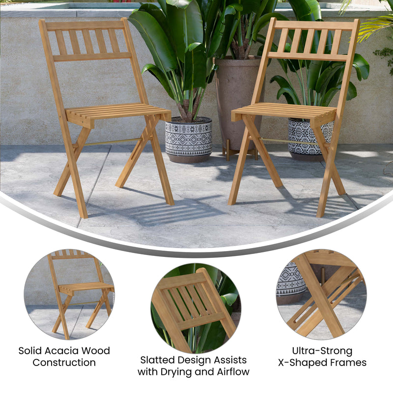Stora Set of 2 Solid Acacia Wood Armless Folding Patio Bistro Chairs with Slatted Backs and Seats