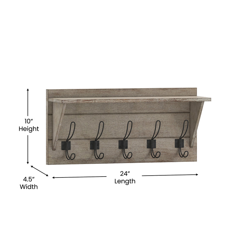 Enid Rustic Brown Pine Wood 24 Inch Wall Mount Storage Rack with 5 Hooks and Upper Display Shelf