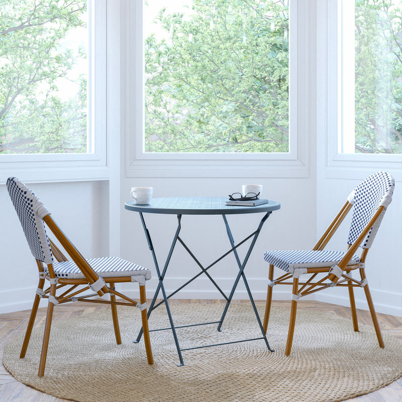Celia Set of Two Indoor/Outdoor Stacking French Bistro Chairs with Patterned Seats and Backs & Light Bamboo Finished Aluminum Frames