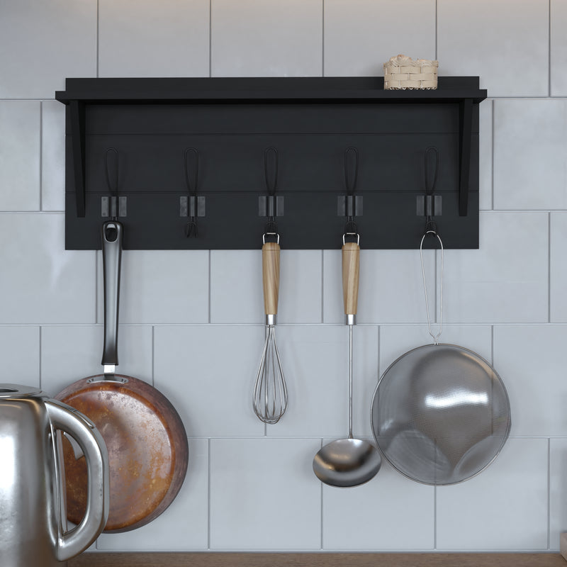 Enid 24 Inch Wall Mount Black Pine Wood Storage Rack with 5 Hooks, Entryway, Kitchen, Bathroom