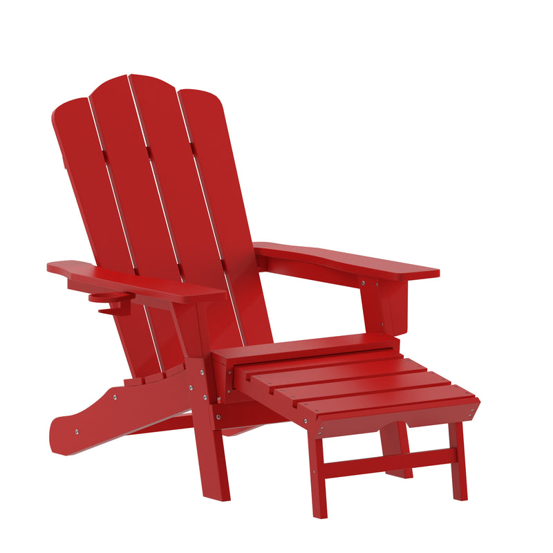 Nassau Adirondack Chair with Cup Holder and Pull Out Ottoman, All-Weather HDPE Indoor/Outdoor Lounge Chair