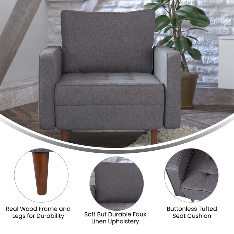 Garibaldi Mid-Century Modern Armchair with Tufted Faux Linen Upholstery & Solid Wood Legs