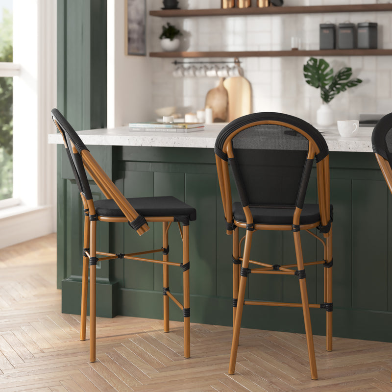 Mael Set of Two Stacking French Bistro Style Counter Stools with Black Textilene Seat and Bamboo Finished Metal Frame for Indoor/Outdoor Use