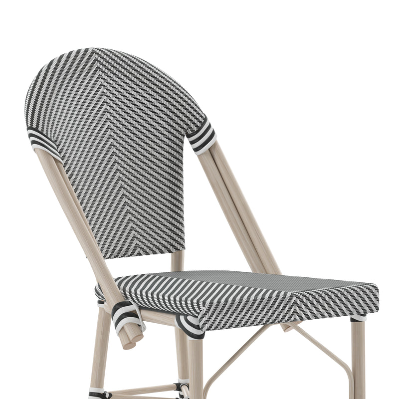 Mael Set of Two Stacking French Bistro Style Counter Stools with Textilene Seat and Bamboo Finished Metal Frame for Indoor/Outdoor Use