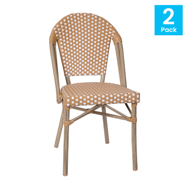 Celia Set of Two Indoor/Outdoor Stacking French Bistro Chairs with Patterned Seats and Backs & Light Bamboo Finished Aluminum Frames