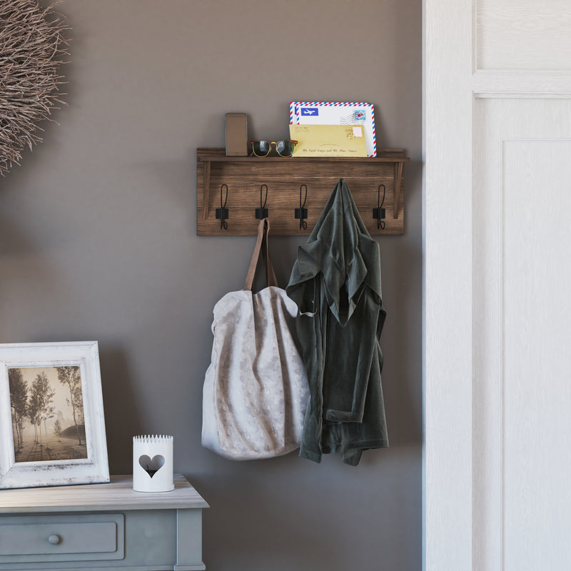 Enid Weathered Pine Wood 24 Inch Wall Mount Storage Rack with 5 Hooks and Upper Display Shelf