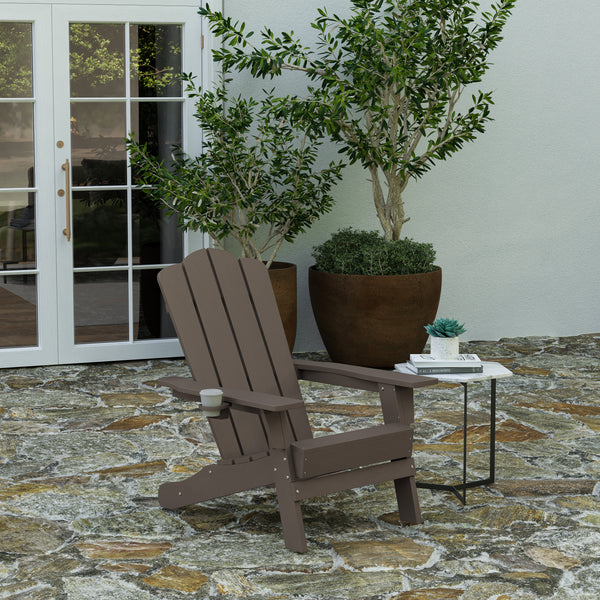 Nassau Adirondack Chair with Cup Holder, Weather Resistant HDPE Adirondack Chair in Brown