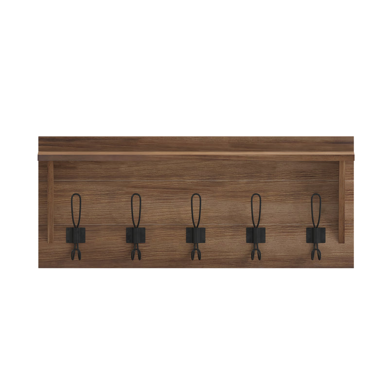 Enid Weathered Pine Wood 24 Inch Wall Mount Storage Rack with 5 Hooks and Upper Display Shelf