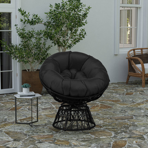 Foley Papasan Style Woven Wicker Swivel Patio Chair in Black with Removable All-Weather Black Cushion