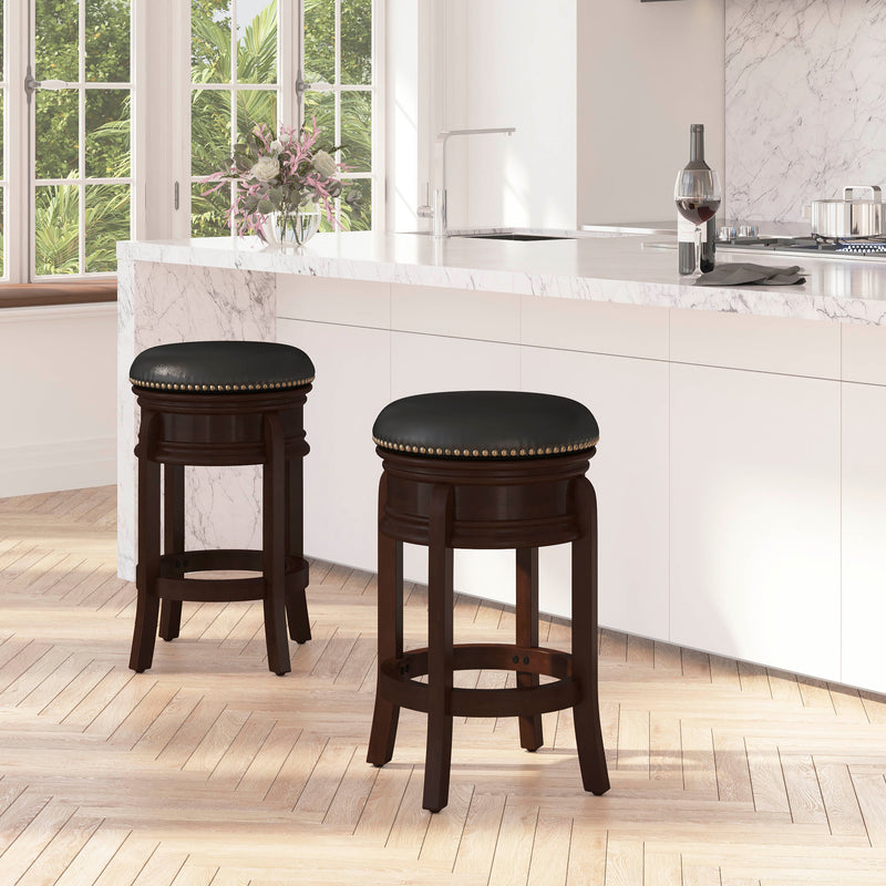 Clara 24" Cappuccino Brown Backless Wooden Counter Stool with Black Faux Leather 360 Degree Swivel Seat