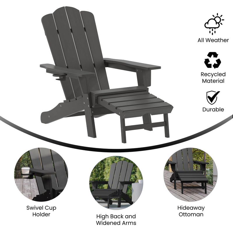 Nassau Adirondack Chair with Cup Holder and Pull Out Ottoman, All-Weather HDPE Indoor/Outdoor Lounge Chair, Set of 2