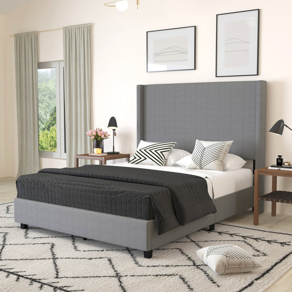 Bramlett Modern Queen Size Platform Bed Frame with Padded Faux Linen Upholstered Wingback Headboard and Wood Support Slats in Gray