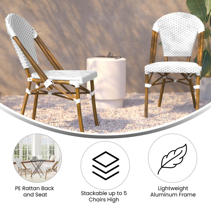 Celia Set of Two Indoor/Outdoor Stacking French Bistro Chairs with Patterned Seats and Backs & Light Bamboo Finished Aluminum Frames