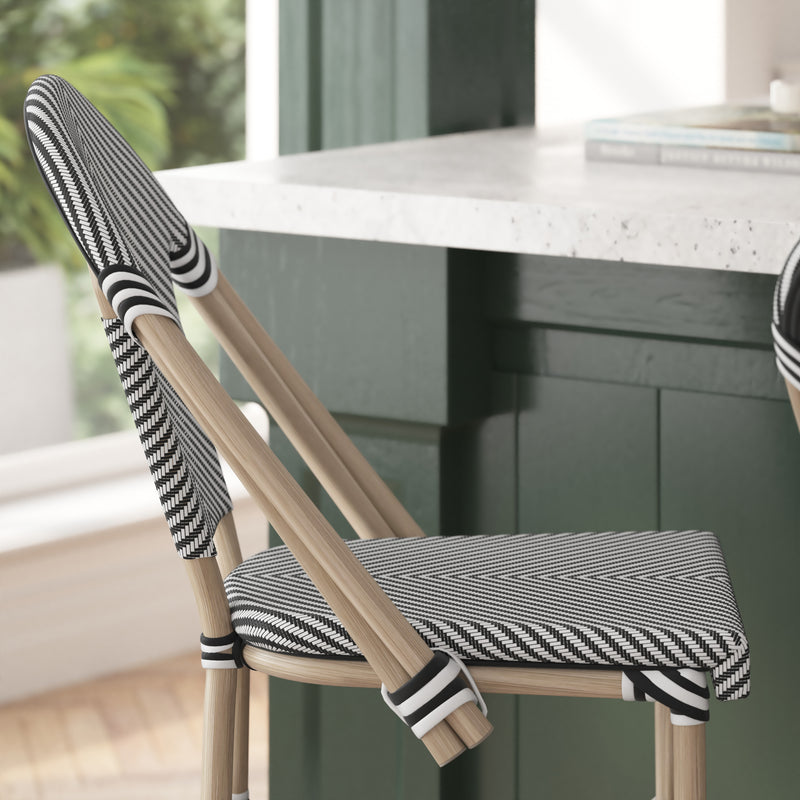Mael Set of Two Stacking French Bistro Style Counter Stools with Black and White Textilene Seats and Light Bamboo Metal Frames for Indoor/Outdoor Use