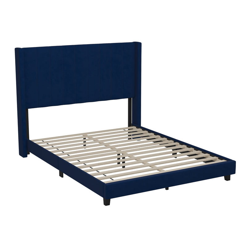 Sana Modern Navy Velvet Upholstered Platform Bed Frame with Padded, Tufted Wingback Headboard and Wood Support Slats, No Box Spring Required