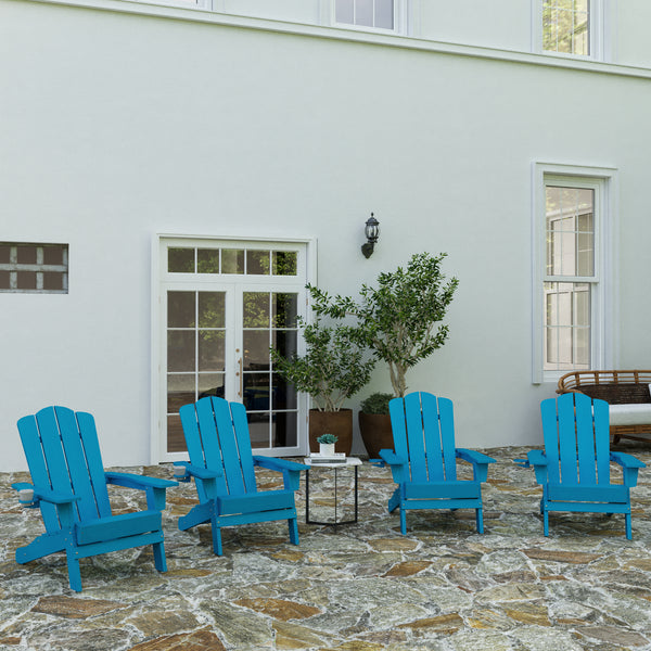 Nassau Adirondack Chair with Cup Holder, Weather Resistant HDPE Adirondack Chair in Blue, Set of 4