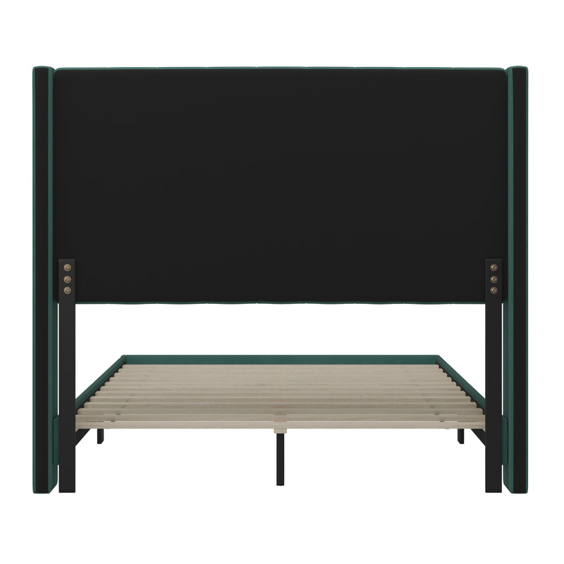 Sana Modern Emerald Velvet Upholstered Platform Bed Frame with Padded, Tufted Wingback Headboard and Wood Support Slats, No Box Spring Required