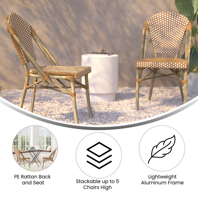 Celia Set of Two Indoor/Outdoor Stacking French Bistro Chairs with Patterned Seats and Backs & Light Bamboo Finished Aluminum Frames