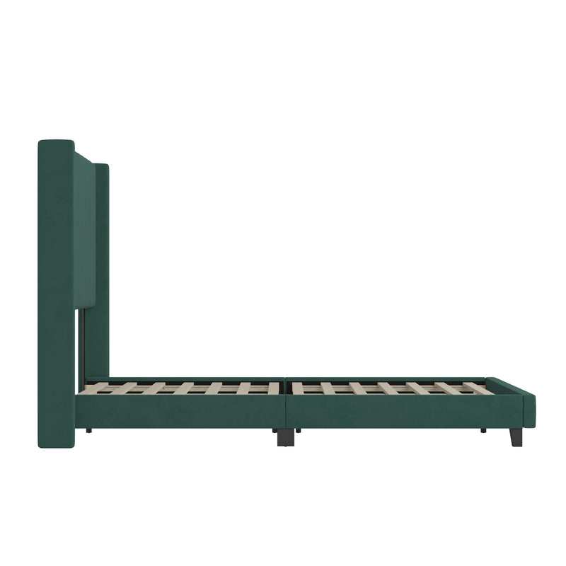 Sana Modern Emerald Velvet Upholstered Platform Bed Frame with Padded, Tufted Wingback Headboard and Wood Support Slats, No Box Spring Required