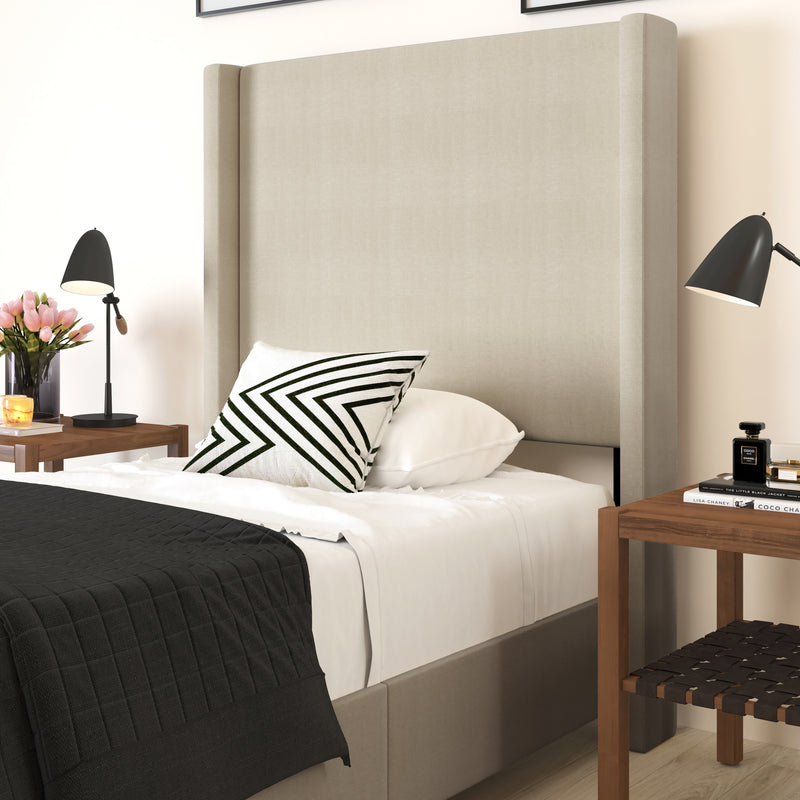 Bramlett Modern Platform Bed Frame with Padded Faux Linen Upholstered Wingback Headboard and Wood Support Slats