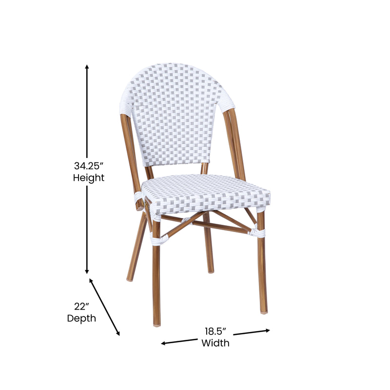 Celia Set of Two Indoor/Outdoor Stacking French Bistro Chairs with Patterned Seats and Backs & Light Bamboo Finished Aluminum Frames