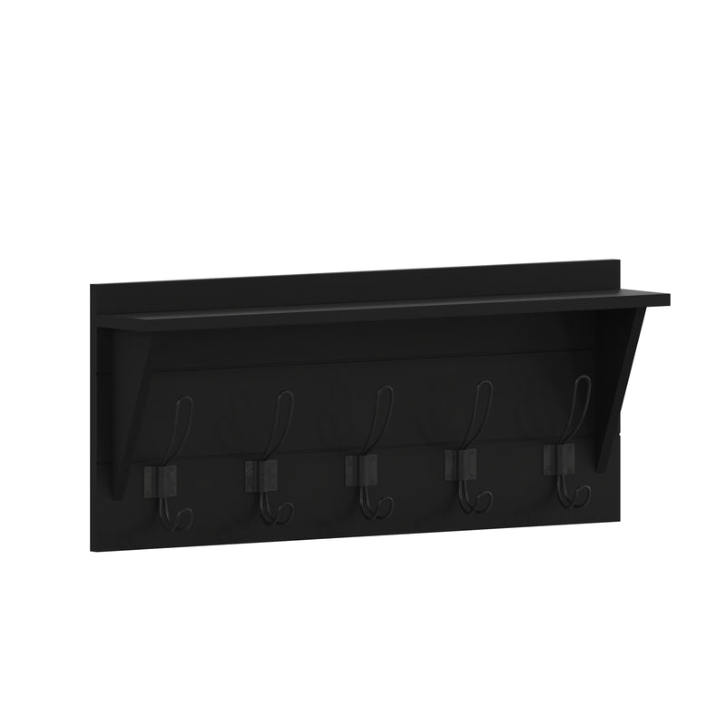 Enid 24 Inch Wall Mount Black Pine Wood Storage Rack with 5 Hooks, Entryway, Kitchen, Bathroom