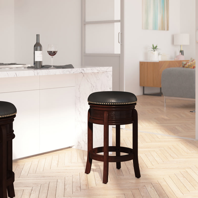 Clara 24" Cappuccino Brown Backless Wooden Counter Stool with Black Faux Leather 360 Degree Swivel Seat