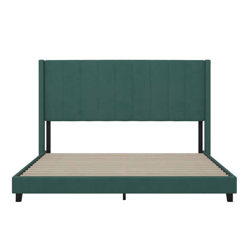 Sana Modern Emerald Velvet Upholstered Platform Bed Frame with Padded, Tufted Wingback Headboard and Wood Support Slats, No Box Spring Required