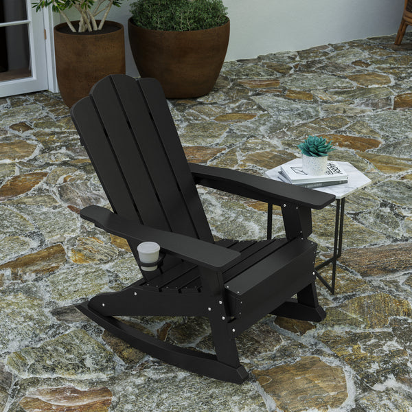 Ridley Adirondack Rocking Chair with Cup Holder, Weather Resistant HDPE Adirondack Rocking Chair in Black