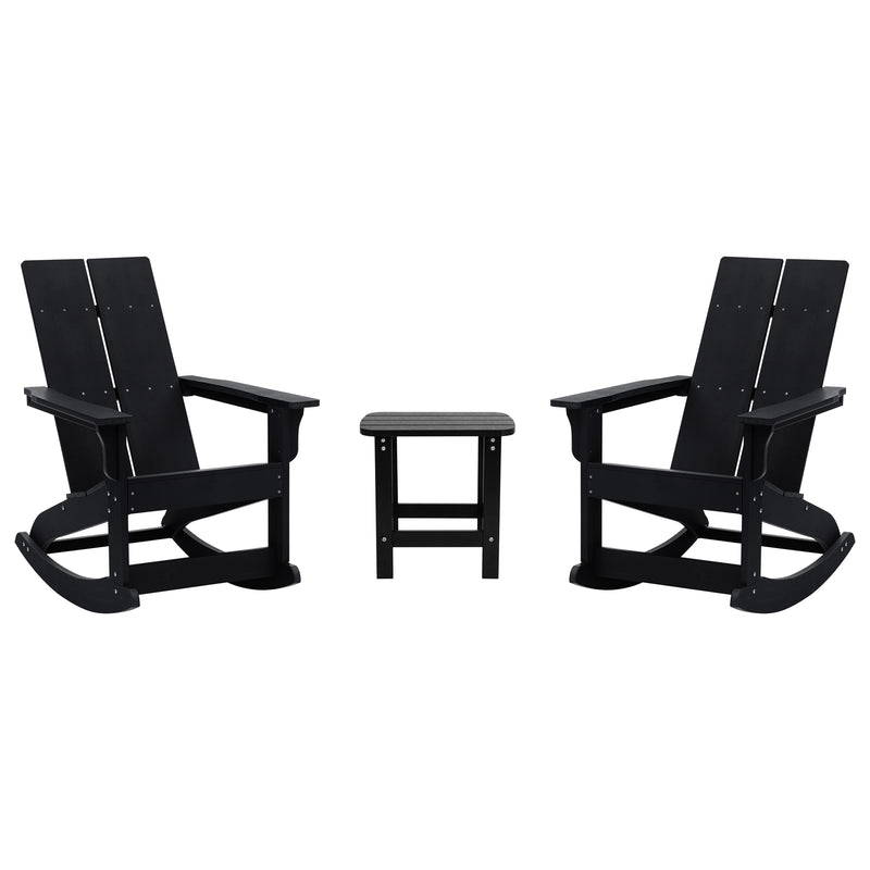 Wellington 3 Piece Patio Furniture Set Includes Black All-Weather UV Treated Adirondack Rocking Chairs and Side Table