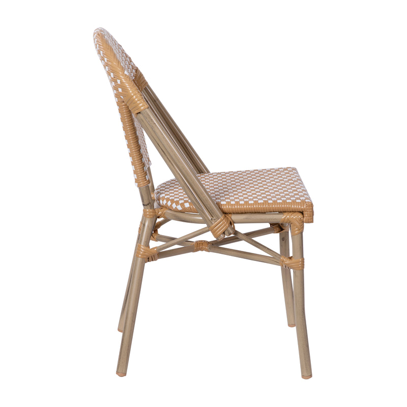 Celia Set of Two Indoor/Outdoor Stacking French Bistro Chairs with Patterned Seats and Backs & Light Bamboo Finished Aluminum Frames