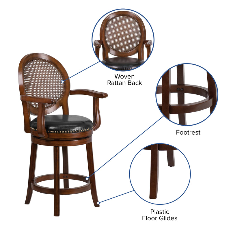 Mathieu 26" Swivel Counter Stool with Oval Rattan Back, Arms and Black Faux Leather Upholstered Swivel Seat in Espresso