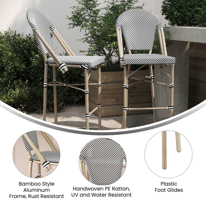 Mael Set of Two Stacking French Bistro Style Bar Stools with Black and White Textilene Seats and Light Bamboo Metal Frames for Indoor/Outdoor Use