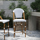 Celia Set of Two Indoor/Outdoor Stacking French Bistro Counter Stools with Patterned Seats and Backs & Light Natural Metal Frames