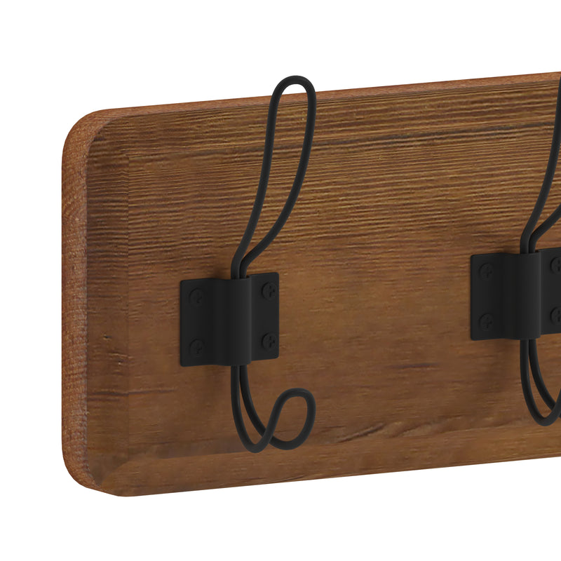 Enid 24 Inch Wall Mount Classic Brown Pine Wood Storage Rack with 5 Hooks, Entryway, Kitchen, Bathroom