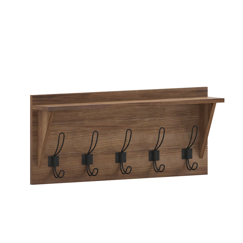Enid Weathered Pine Wood 24 Inch Wall Mount Storage Rack with 5 Hooks and Upper Display Shelf