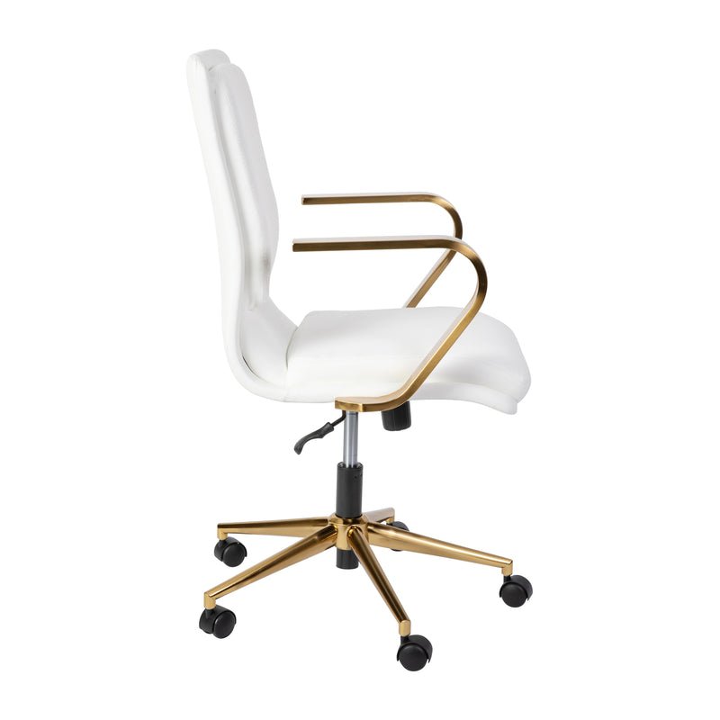 Artemis Mid-Back Home Office Chair with Armrests, Height Adjustable Swivel Seat and Five Star Gold Base, White Faux Leather