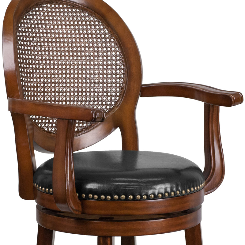 Mathieu 26" Swivel Counter Stool with Oval Rattan Back, Arms and Black Faux Leather Upholstered Swivel Seat in Espresso