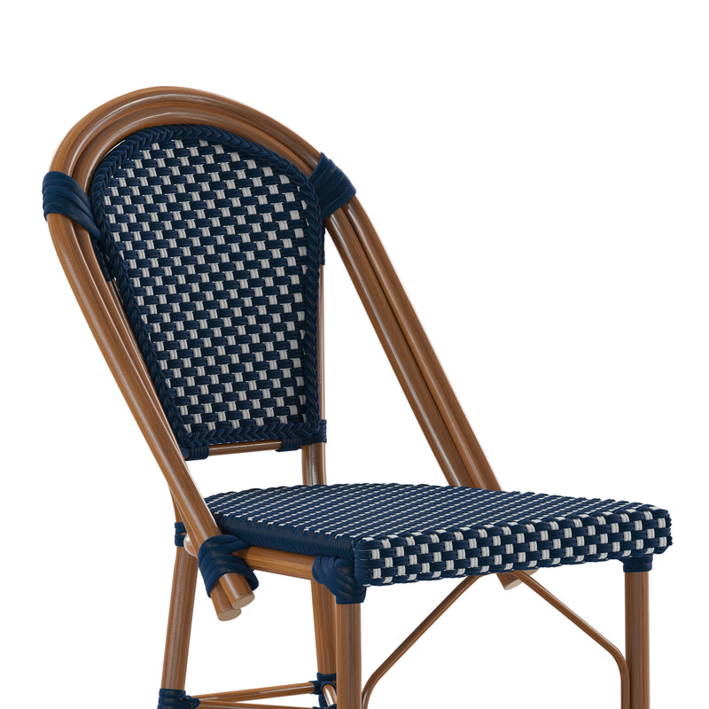 Sacha Set of Two Stacking French Bistro Counter Stools with Navy and White PE Seats and Back and Bamboo Finished Metal Frames for Indoor/Outdoor Use