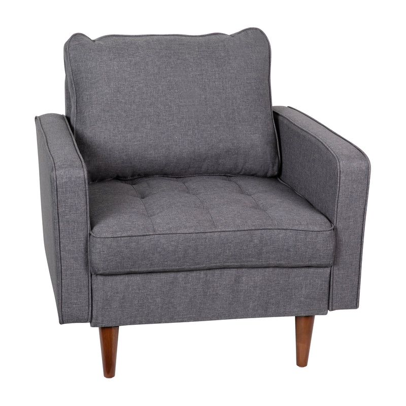 Garibaldi Mid-Century Modern Armchair with Tufted Faux Linen Upholstery & Solid Wood Legs