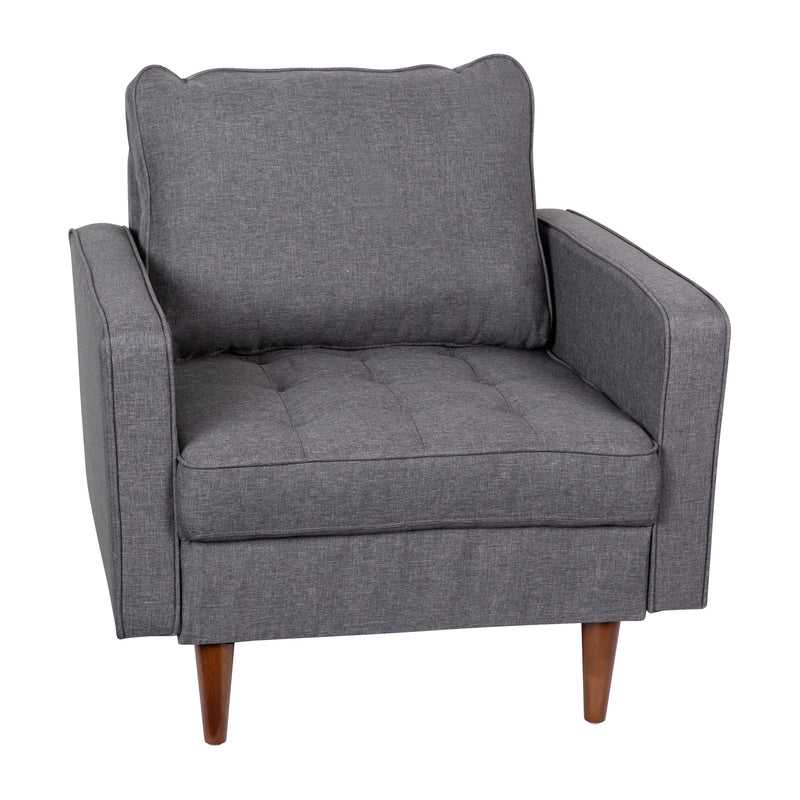 Garibaldi Mid-Century Modern Armchair with Tufted Faux Linen Upholstery & Solid Wood Legs in Dark Gray