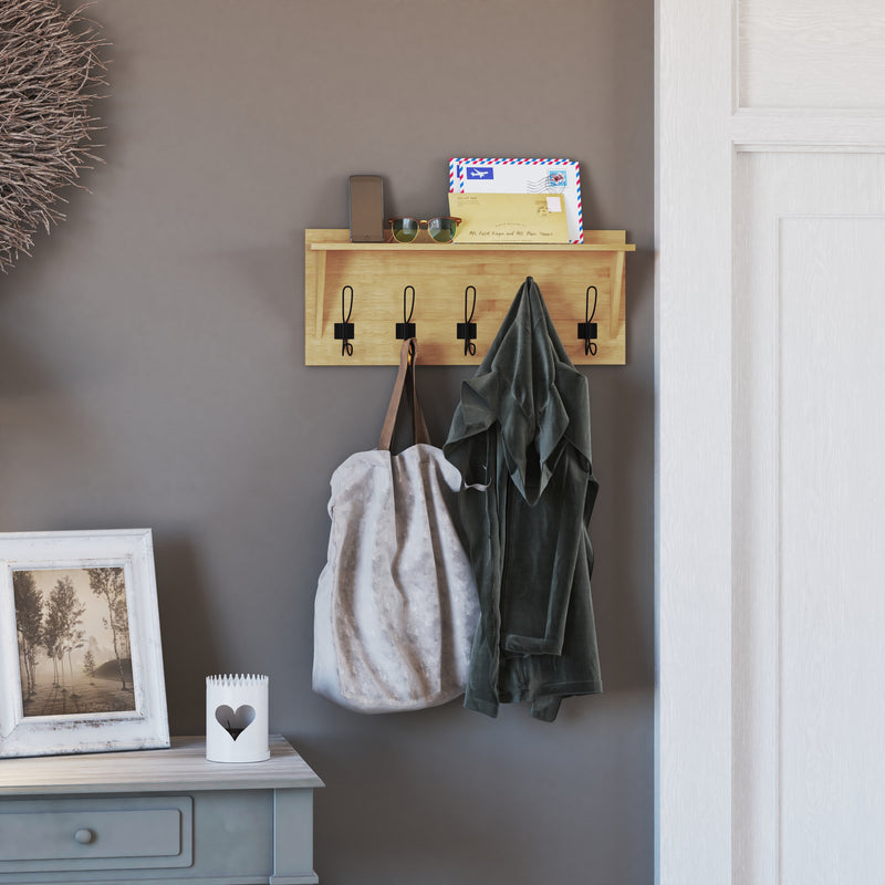 Enid 24 Inch Wall Mount Rustic Brown Pine Wood Storage Rack with 5 Hooks, Entryway, Kitchen, Bathroom